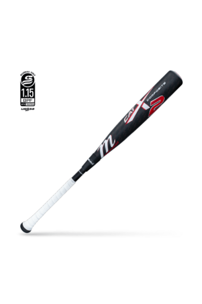 Black composite baseball bat with red Marucci logo and white grip