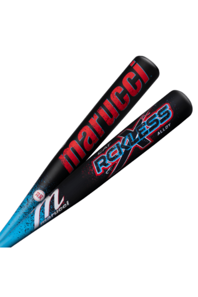 Baseball bat close-up with black barrel, red MARUCCI and RCKLESS text, blue tip