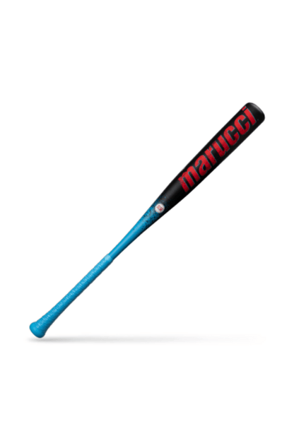 Baseball bat with blue barrel and black grip, Marucci logo in red on handle