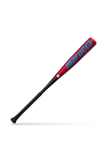 Red Marucci baseball bat with blue logo and black grip handle