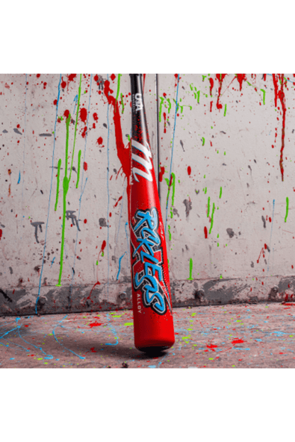 Red baseball bat with blue Marucci lettering and black handle