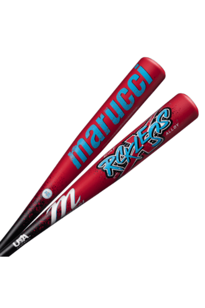 Red Marucci baseball bat barrel with blue Rckless graphic and USA mark