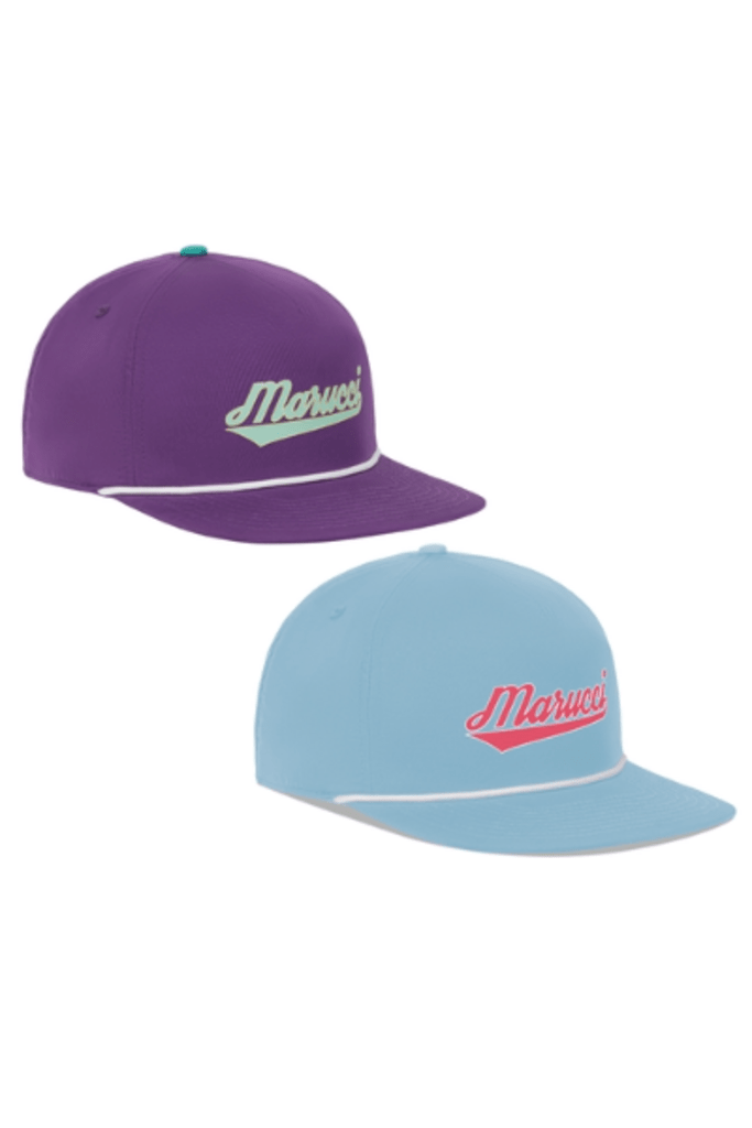 Marucci snapback hats in purple and light blue, front logos visible