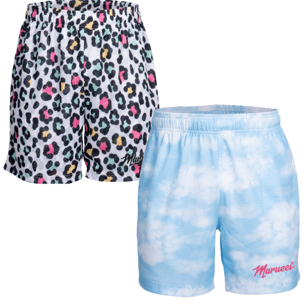 Pair of adult mesh shorts: multicolor leopard print and light blue dotted print