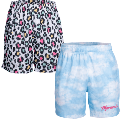 Pair of adult mesh shorts: multicolor leopard print and light blue dotted print