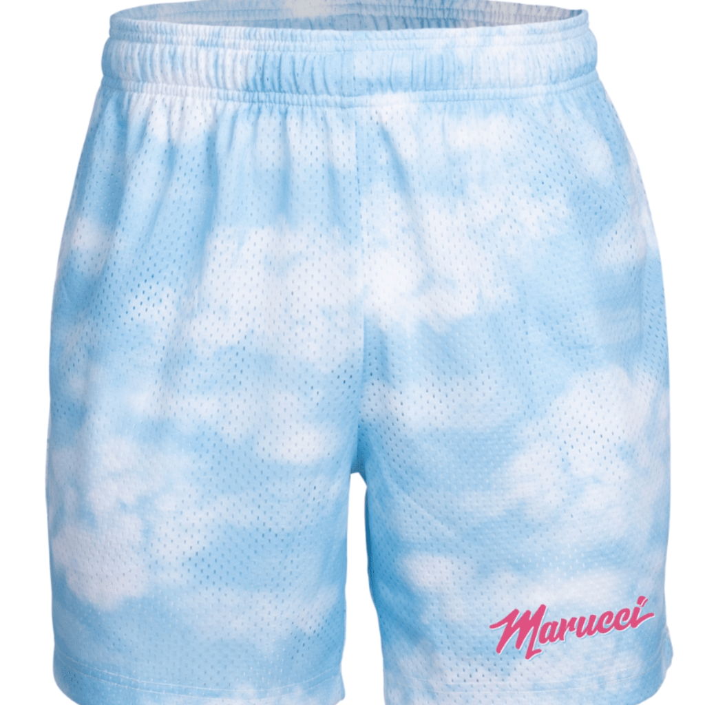 Adult mesh shorts in light blue with small dotted pattern and MARUCCI logo