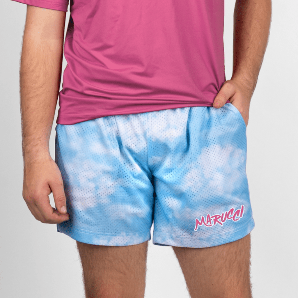 Adult mesh shorts in light blue dotted print with MARUCCI logo at hem
