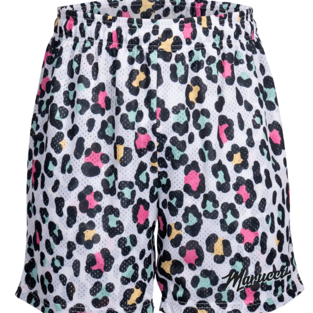 Adult mesh shorts in white with multicolor leopard print and MARUCCI script logo