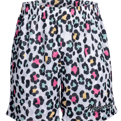 Adult mesh shorts in white with multicolor leopard print and MARUCCI script logo
