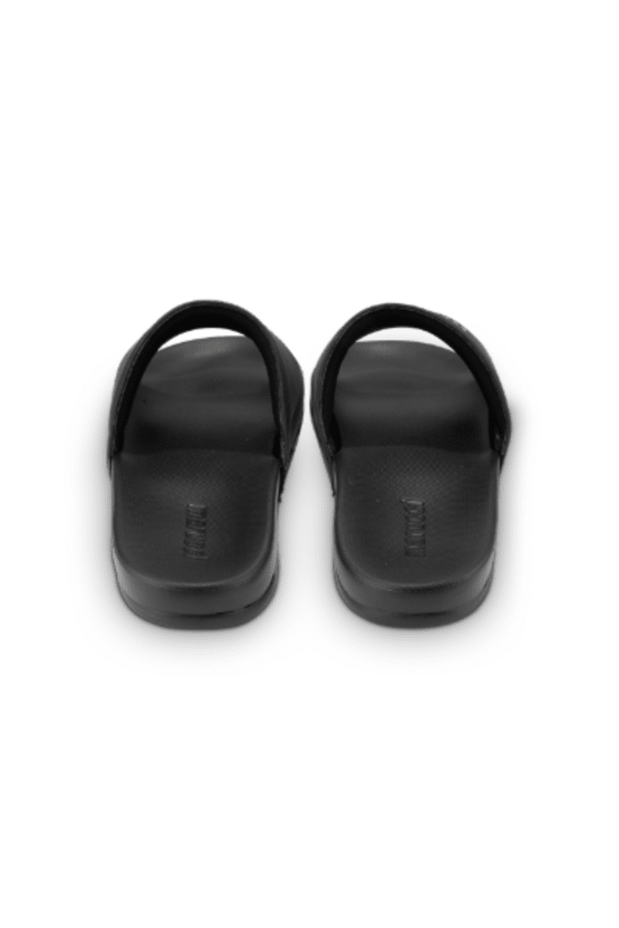 Marucci black slide sandals, back view with heel strap and logo
