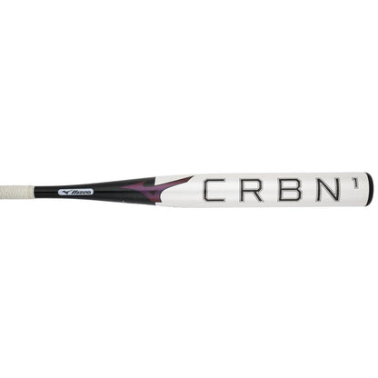 Fastpitch softball bat barrel close-up with CRBN1 letters and purple stripe