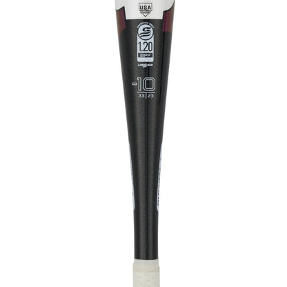 Fastpitch softball bat grip end with black label showing -10 and 1.20 BPF
