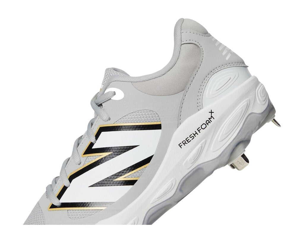 Grey metal baseball cleat with Fresh Foam midsole and lace-up front