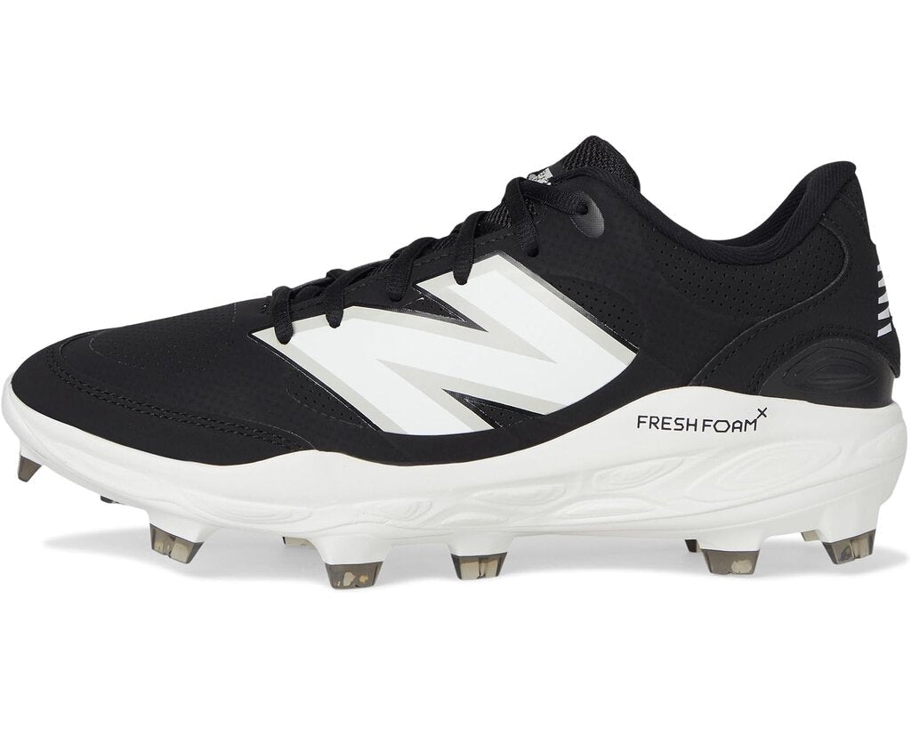 Black molded baseball cleats with white logo accents, lace-up, and spiked sole