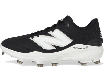 Black molded baseball cleats with white logo accents, lace-up, and spiked sole
