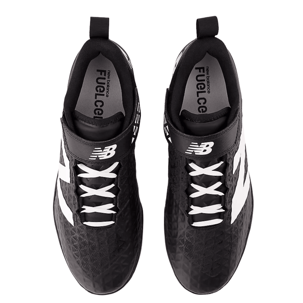 Pair of black baseball cleats shown from above with lace-up front and FuelCell tag