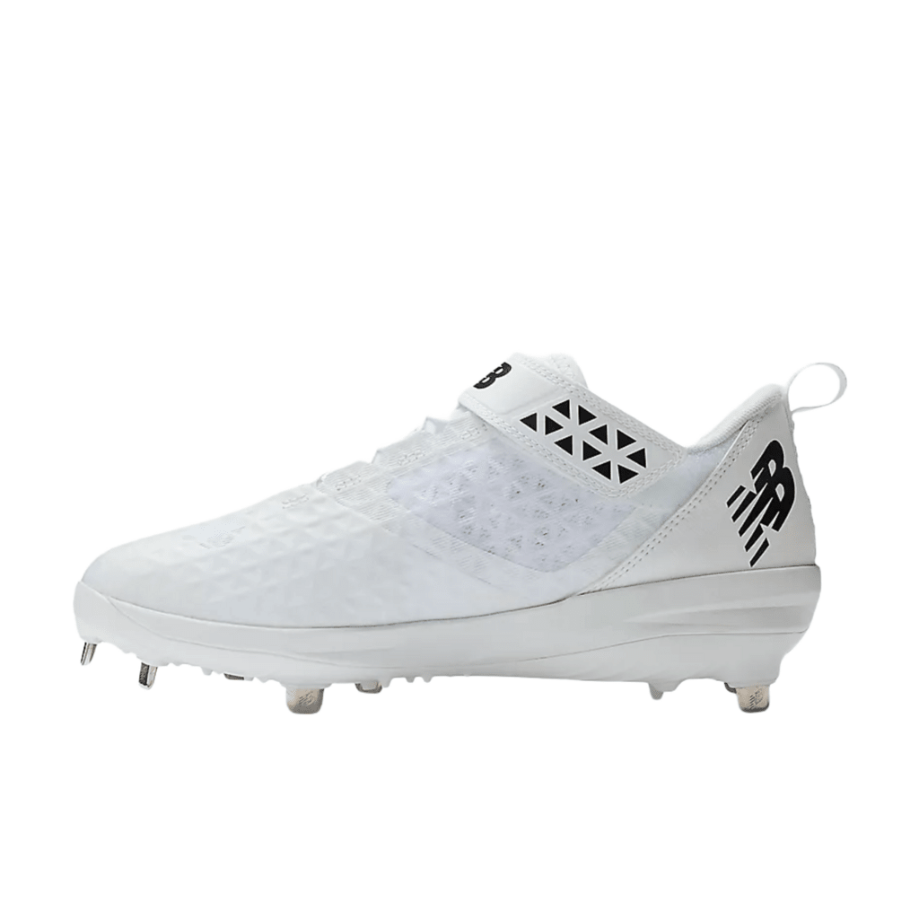 White baseball cleats with perforated side panel and New Balance logo, metal studs