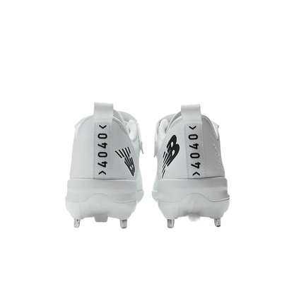 Pair of white baseball cleats from back view with metal studs and New Balance logo