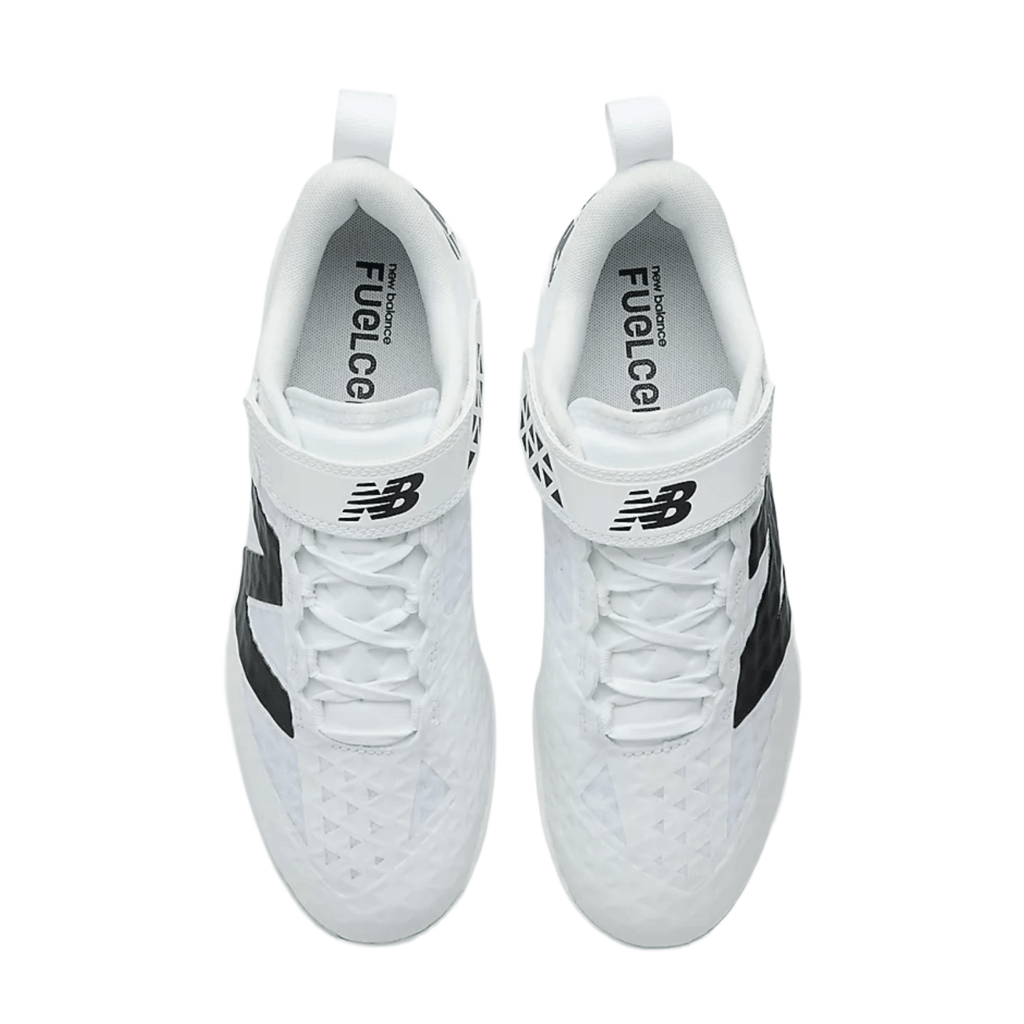 Pair of white baseball cleats shown from above, lace-up design and FuelCell tag