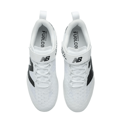 Pair of white baseball cleats shown from above, lace-up design and FuelCell tag