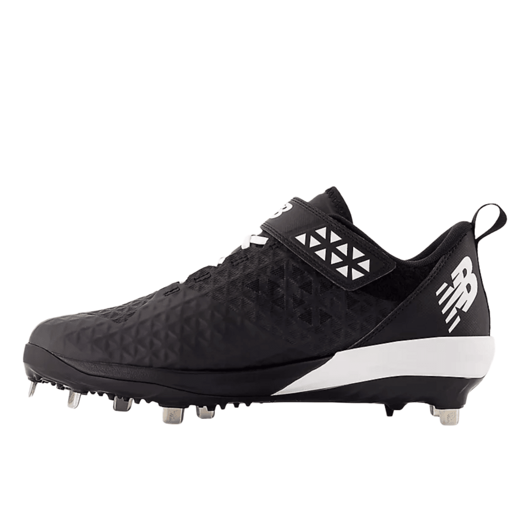 Black baseball cleats with New Balance logo and textured upper, metal stud outsole