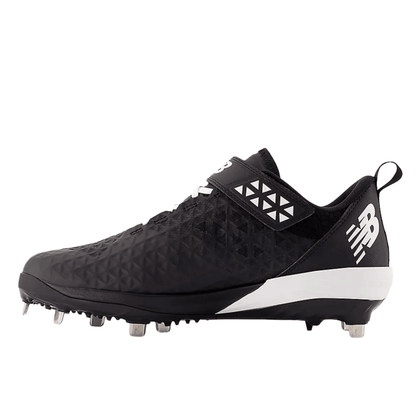 Black baseball cleats with New Balance logo and textured upper, metal stud outsole