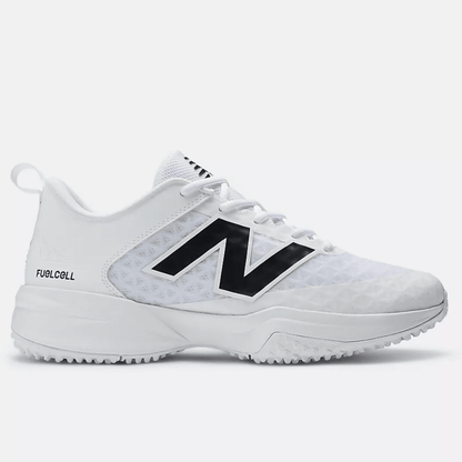 White New Balance turf shoe with FuelCell branding, black N logo, and white laces