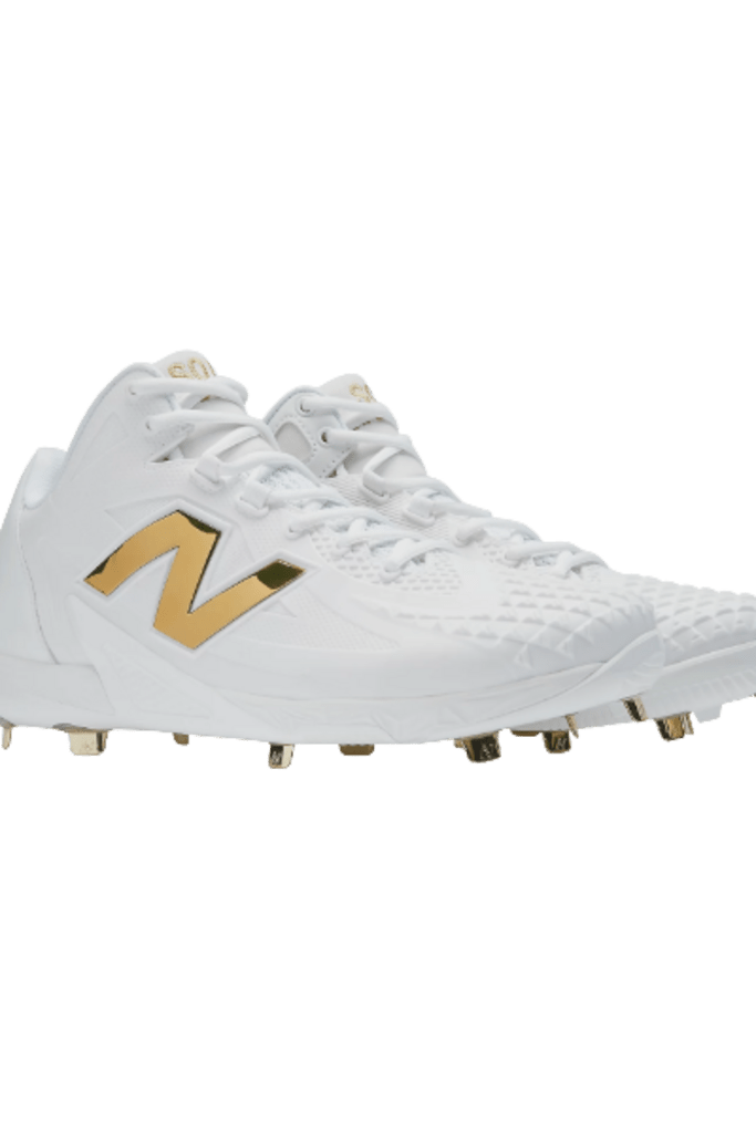 White baseball cleat with gold logo and metal stud sole, side angle