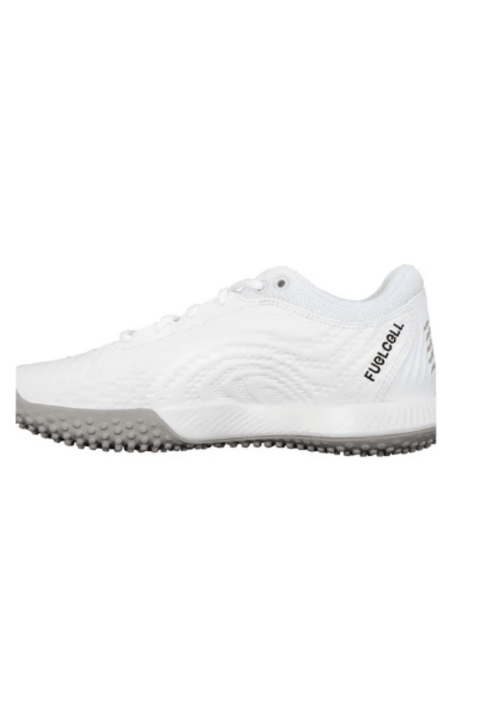 Women's white turf shoe, side view with FuelCell text on heel and lace eyelets