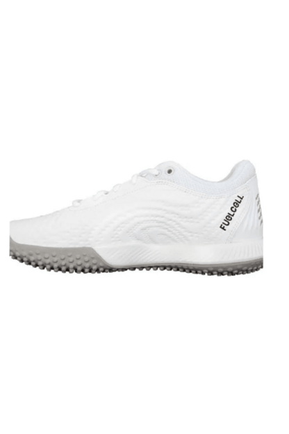 Women's white turf shoe, side view with FuelCell text on heel and lace eyelets