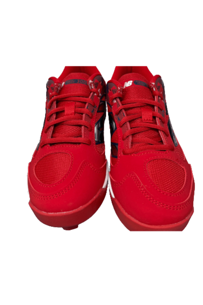 Youth molded cleats, red lace-up front with cushioned tongue and molded outsole