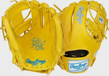 Yellow baseball glove with Rawlings wrist patch and Heart of the Hide logo