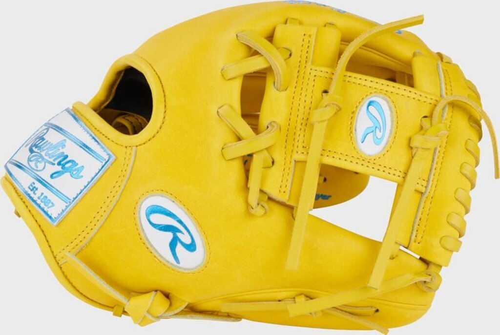 Yellow baseball glove with blue Rawlings logos and black thumb pocket