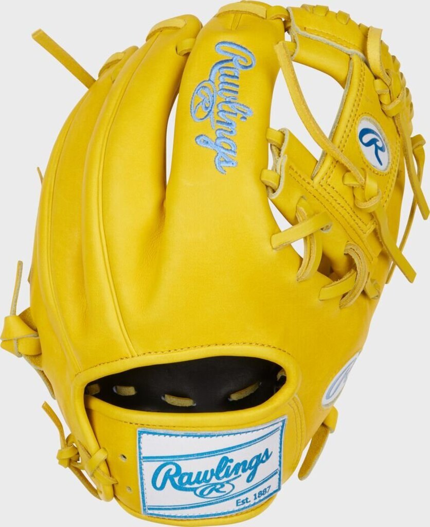 Gold baseball glove with Rawlings logo patch and black pocket