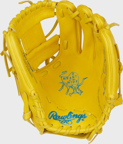 Yellow baseball glove with Heart of the Hide emblem and Rawlings script