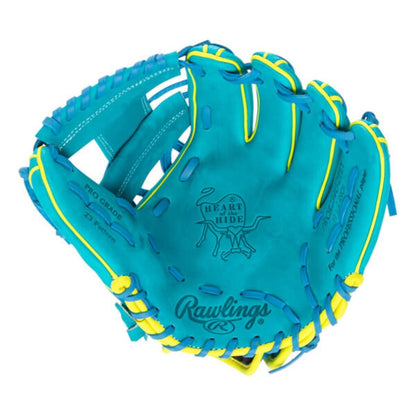 Teal baseball glove with yellow lacing, Heart of the Hide emblem, Rawlings branding