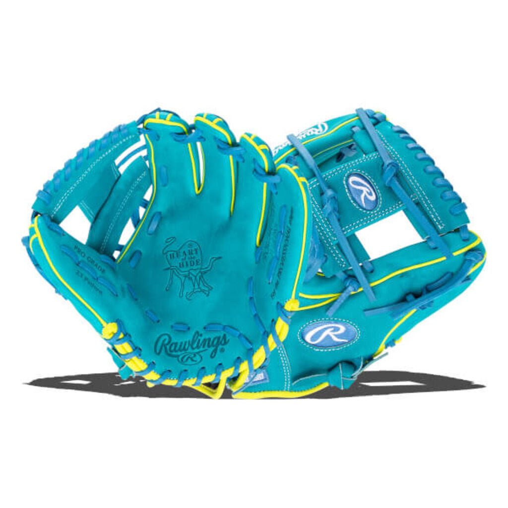 Blue baseball glove with yellow trim and laced web, Rawlings badge on back