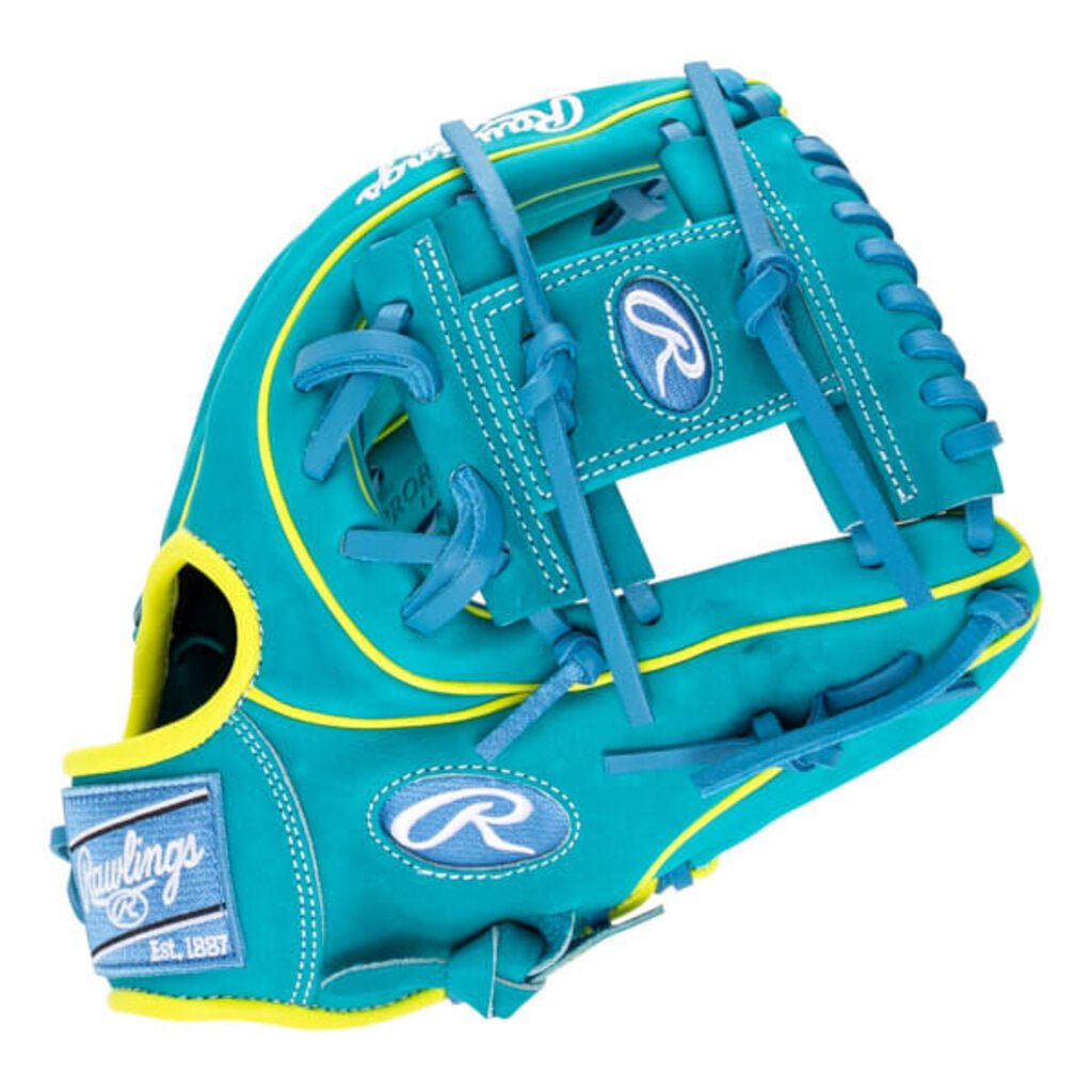 Teal baseball glove with neon yellow binding, Rawlings patch and R logo on strap