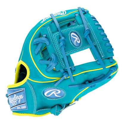 Teal baseball glove with neon yellow binding, Rawlings patch and R logo on strap