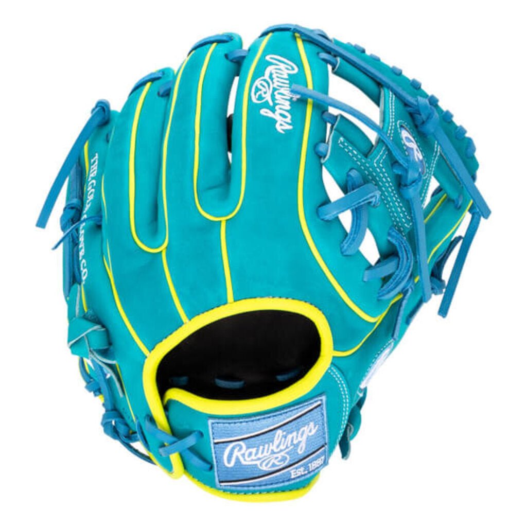 Blue and neon yellow baseball glove with Rawlings logo, leather web, open pocket