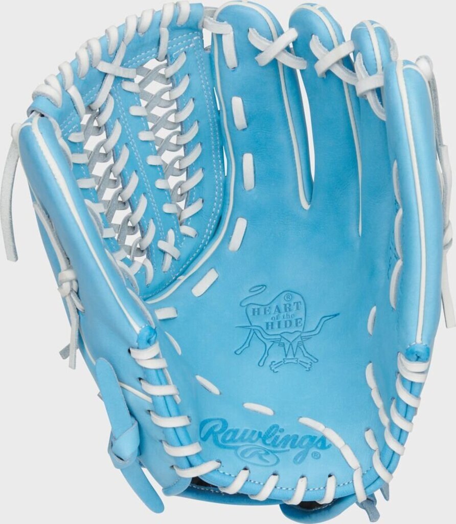 Light blue softball glove with white lacing, Heart of the Hide patch on palm