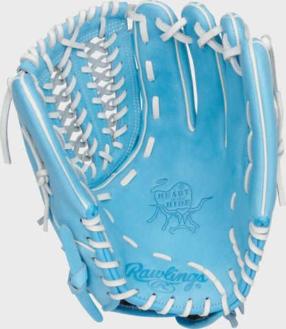 Light blue softball glove with white lacing, Heart of the Hide patch on palm