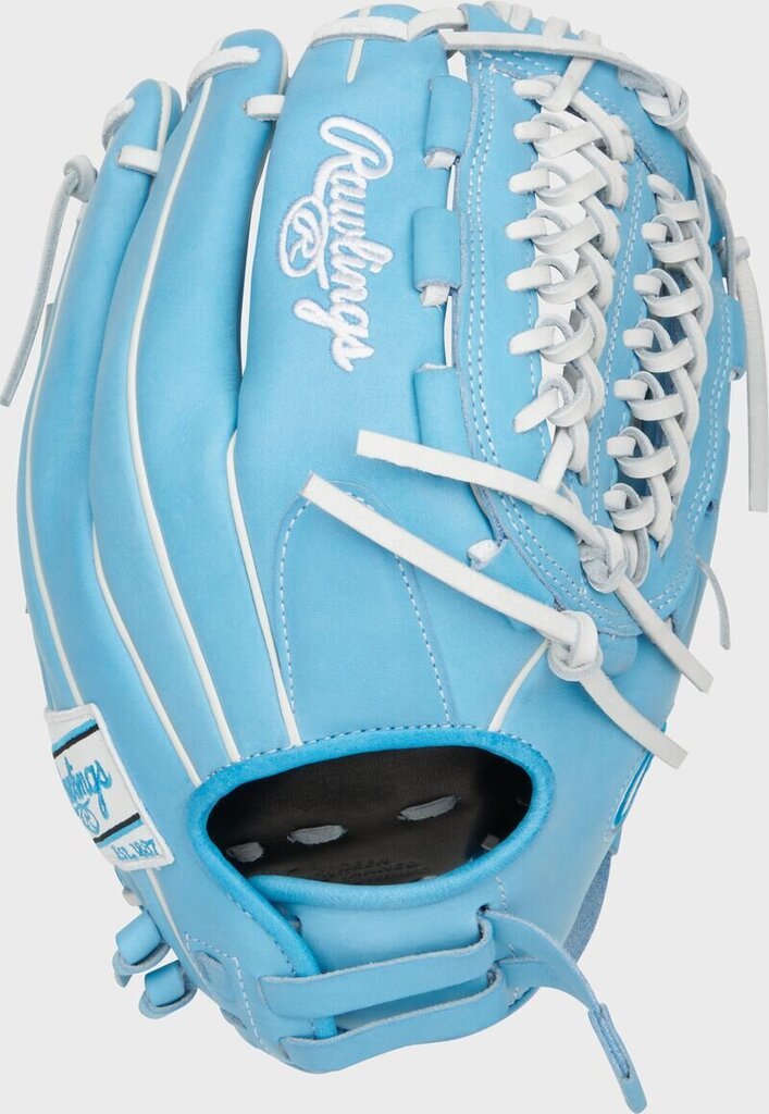 Light blue fastpitch softball glove with white lacing and open web pocket