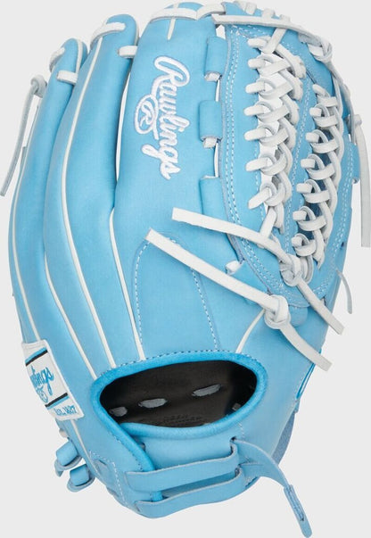 Light blue fastpitch softball glove with white lacing and open web pocket