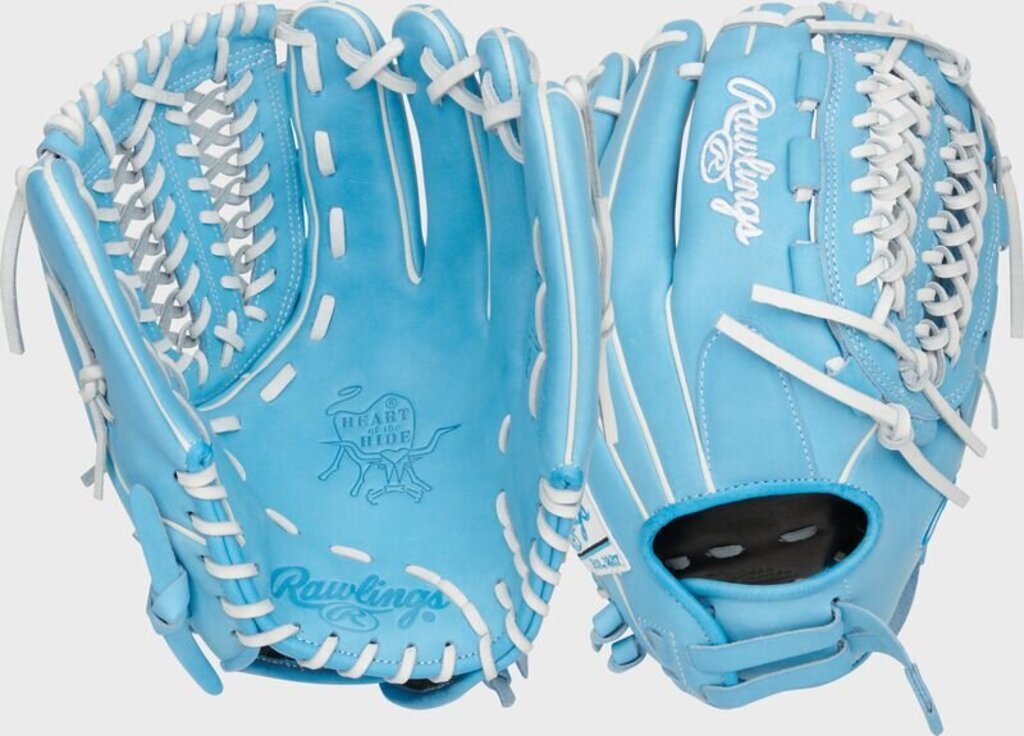 Light blue softball glove shown from back with white laces and open pocket