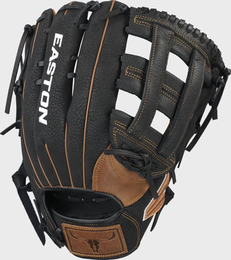 Brown and black softball glove with open web and padded pocket