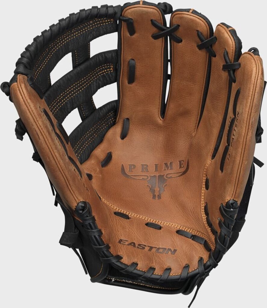 Tan and black softball glove with open web, lacing, and thumb pocket