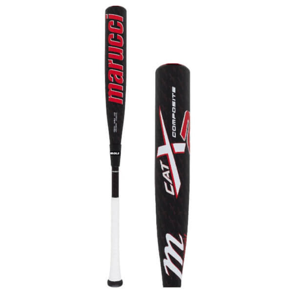 Black composite BBCOR baseball bat with red CAT branding and Marucci logo