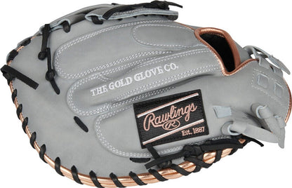 Grey catcher mitt with Rawlings label patch and tan leather trim, black finger straps