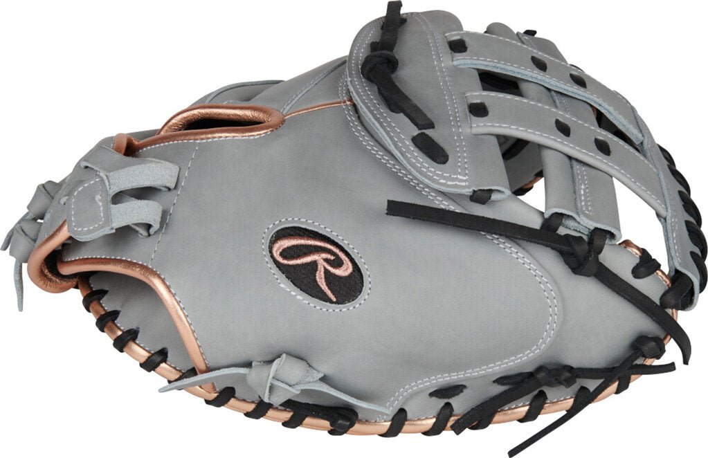 Grey catcher mitt with Rawlings logo patch, brown piping, and black lacing